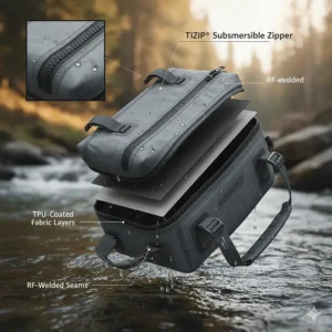 An exploded view of a submersible fly fishing pack showing TIZIP zippers and TPU coated fabric layers.