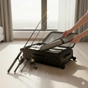 A 4-piece travel fishing rod disassembled to show how it fits into a carry-on suitcase.