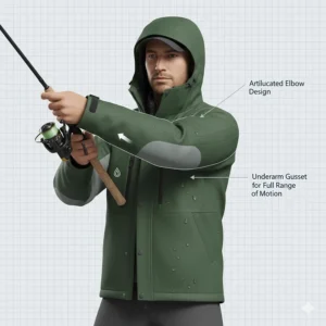Diagram showing articulated elbows and underarm gussets in a fishing jacket for unrestricted casting motion.