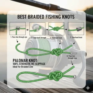 Illustration of the Palomar knot, the best knot for braided fishing line to prevent slipping.