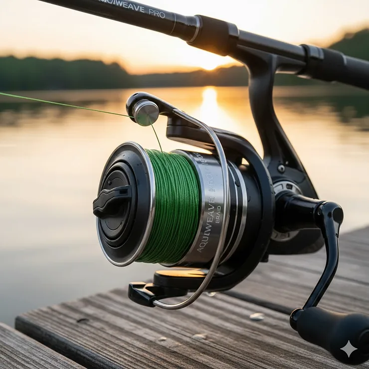 A spool of the best braided fishing line rigged on a spinning reel at the waterfront.