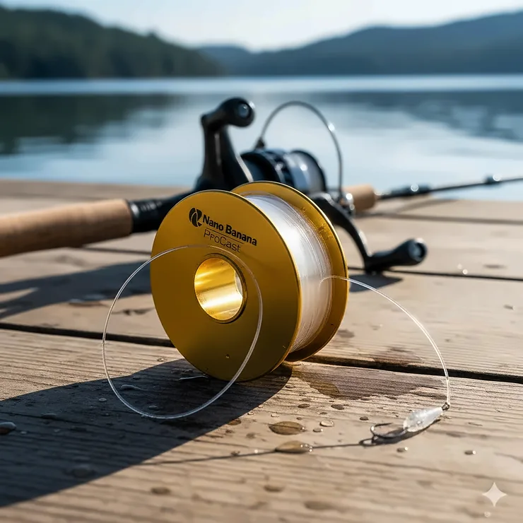 A spool of clear monofilament fishing line sitting on a wooden dock next to a fishing reel.