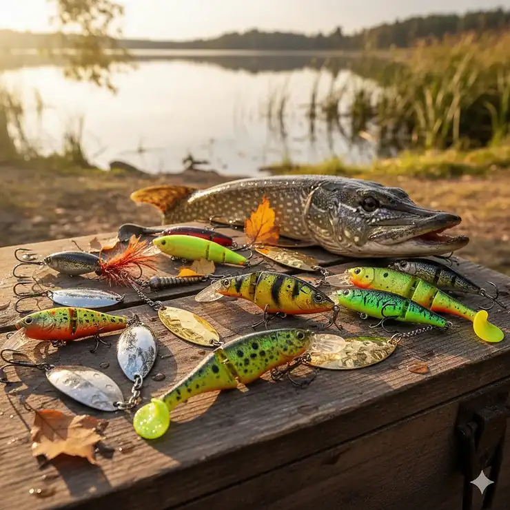 A diverse collection of colorful pike fishing lures including spoons, crankbaits, and soft plastics arranged on a tackle box.