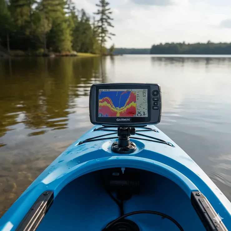 A Garmin Striker 4 portable fish finder mounted on a fishing kayak displaying a colorful CHIRP sonar screen in bright daylight. Best Portable Fish Finders