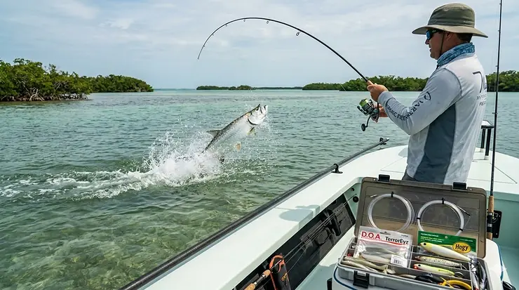 A powerful Silver King jumping out of the water with professional tarpon fishing gear and a heavy-duty spinning rod in the foreground. Tarpon Fishing Gear and Lures