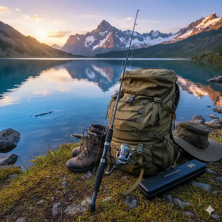 A high-quality travel fishing rod leaning against a backpack on a scenic lakeshore, showcasing portability for hiking and travel. Best Travel Fishing Rods