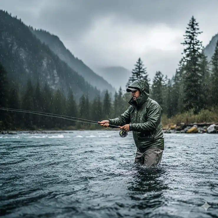 A professional angler wearing a high-performance waterproof fishing jacket while casting a line in rainy conditions. Best Waterproof Fishing Jackets