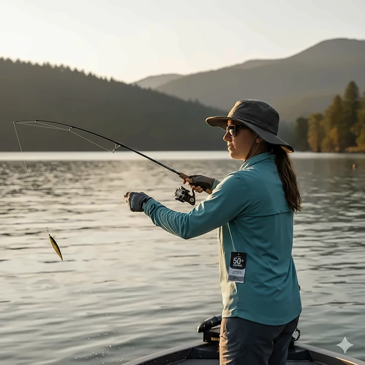 A woman casting a line while wearing a high-performance UV protection fishing shirt on a sunny day. Best Women's Fishing Shirts