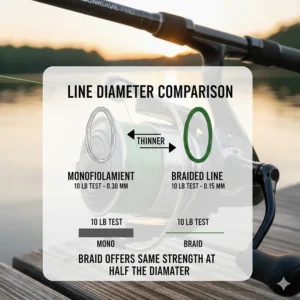 Comparison chart showing the thinner diameter of braided fishing line versus monofilament of the same pound test.