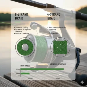 Diagram comparing 4-strand and 8-strand braided fishing line weaves for smoothness and strength.