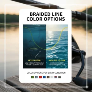 Illustration of different braided line colors like moss green and high-vis yellow for various water conditions.