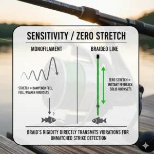 Infographic demonstrating how zero-stretch braided line transmits vibrations for better strike detection.
