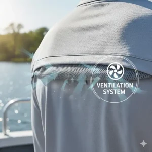 Close-up illustration of the mesh-lined back vents on a men's long sleeve performance fishing shirt.