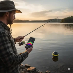 A castable Deeper Pro smart sonar floating in the water while a fisherman views live depth data on a connected smartphone app.