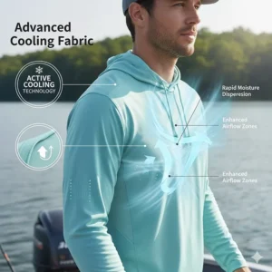 Graphic showing the airflow and cooling properties of lightweight long sleeve fishing shirts.