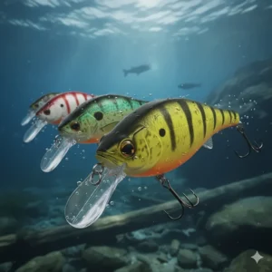 Deep-diving crankbaits with realistic perch patterns for targeting pike in open water.
