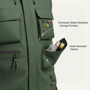 Illustration highlighting oversized chest pockets and water-resistant zippers for storing fly boxes and tackle.