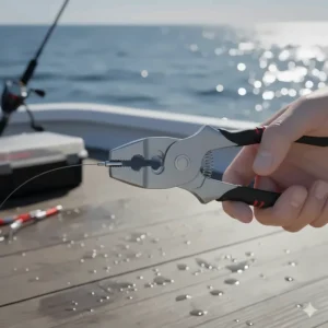 Multi-functional fishing pliers being used to crimp a wire leader for saltwater fishing.