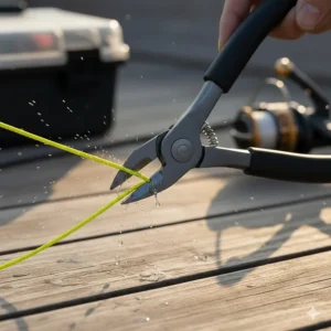 Close-up of tungsten carbide cutters on fishing pliers cleanly slicing through heavy braid.