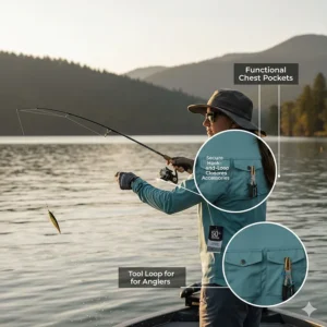 Illustration of functional chest pockets and tool loops on a professional women's fishing shirt.
