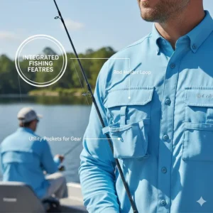 Illustration of a built-in rod holder loop and utility pockets on a professional fishing shirt.