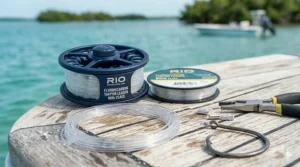 Heavy-duty fluorocarbon leader material essential for preventing line breaks from tarpon sandpaper-like mouths.