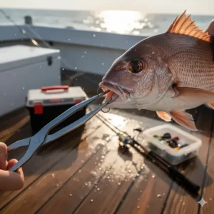 Long-nose fishing pliers safely removing a deep-set hook from a fish's mouth.