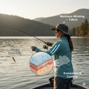 Technical diagram of moisture-wicking fabric pulling sweat away from the skin for cooling.