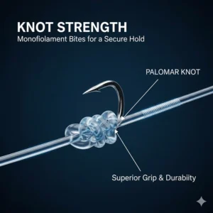 Close-up illustration of a fishing knot tied using monofilament line to demonstrate its knot-holding capability.