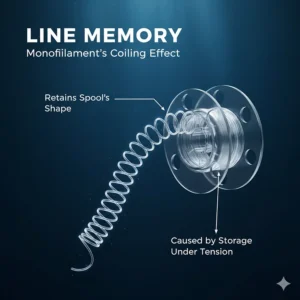 Illustration of fishing line memory showing the coiling effect of monofilament after being on a spool.