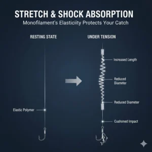 Diagram showing the elasticity and shock absorption of monofilament fishing line under heavy tension.