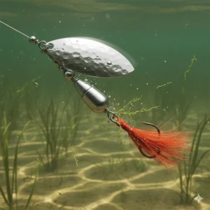 Large inline spinner lure with feathers designed for pike fishing in shallow weeds.
