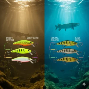 Illustration of bright vs. natural pike fishing lures for murky and clear water conditions.
