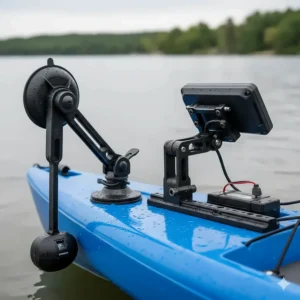Illustration of different mounting options for portable fish finders including suction cup transducers and adjustable arm brackets for kayaks.