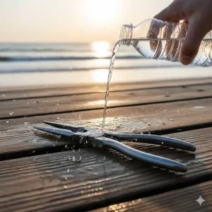 Fishing pliers being rinsed with freshwater after a day of saltwater surf fishing to prevent rust.