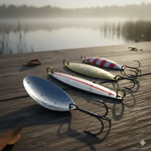 Classic silver and weedless casting spoons, a staple among pike fishing lures.