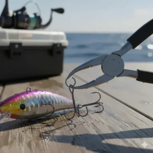 Using the hook nose of fishing pliers to open a split ring on a hard plastic lure.
