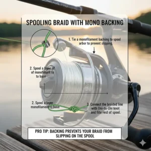 Diagram showing how to spool braided fishing line with a monofilament backing to prevent line slippage.