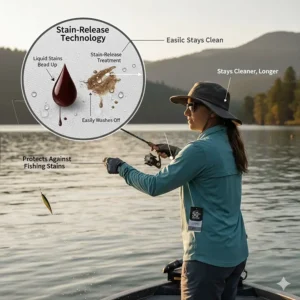 Graphic showing stain-release technology protecting fabric from blood and organic fishing stains.