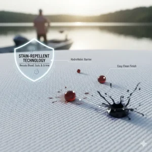 Illustration of water and blood-borne stains bead off a treated long sleeve fishing shirt.