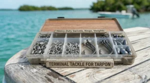 A tackle box layout featuring heavy-duty swivels, split rings, and weights for tarpon fishing rigs.