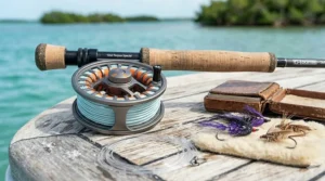 A 12-weight fly rod and large arbor reel with a specialized saltwater fly line for tarpon.