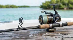 A high-end saltwater spinning reel and heavy-action rod specialized for tarpon fishing gear.