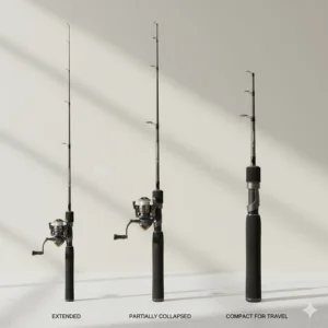 Illustration showing a telescopic travel fishing rod collapsing into a compact handle for easy storage.