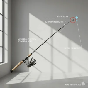 Diagram illustrating the medium-fast action and tip sensitivity of a high-performance travel fishing rod.
