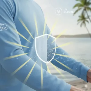 Illustration showing sun rays bouncing off a long sleeve fishing shirt with a UPF 50+ rating label.
