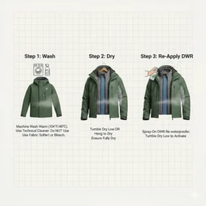 Simple infographic showing how to wash and re-apply DWR coating to waterproof fishing jackets.