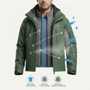 Illustration showing how to layer a waterproof fishing jacket with a fleece mid-layer and moisture-wicking base.