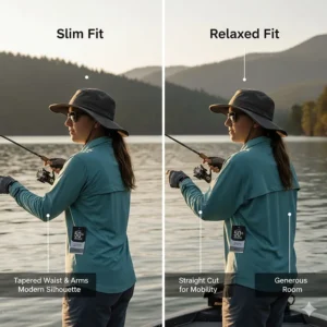 Comparison chart showing slim fit versus relaxed fit styles for female anglers.