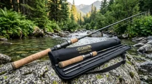 A 4-piece travel ultralight fishing rod shown both assembled and broken down next to a protective travel tube.
